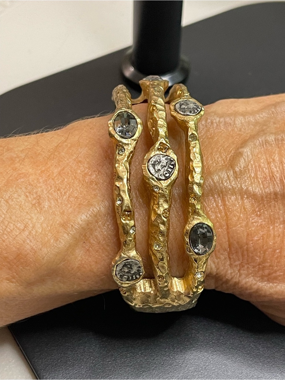 Gold Capri Three Row Coin and Pave Chrystal magnetic closure bangle